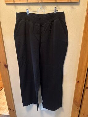 Black Elastic Waist Linen/Rayon Wide-Leg Pants